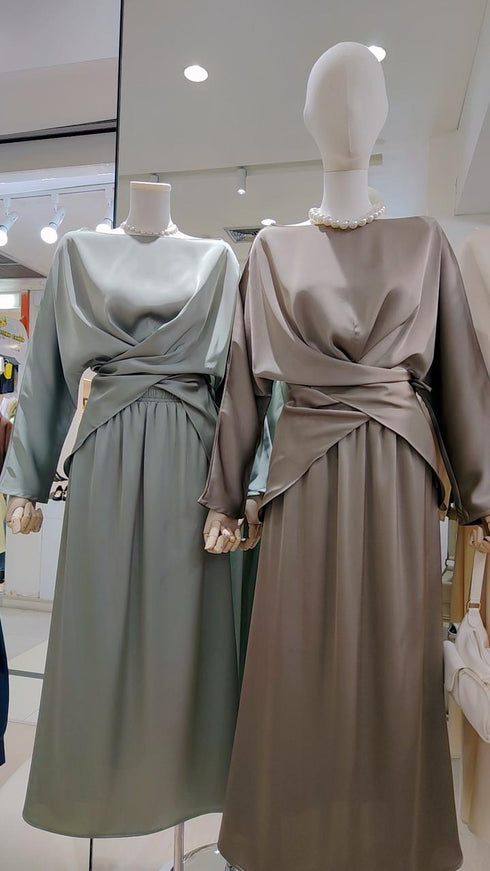 Satin Boat Neckline Wrap Tie Tops With Skirt Sets